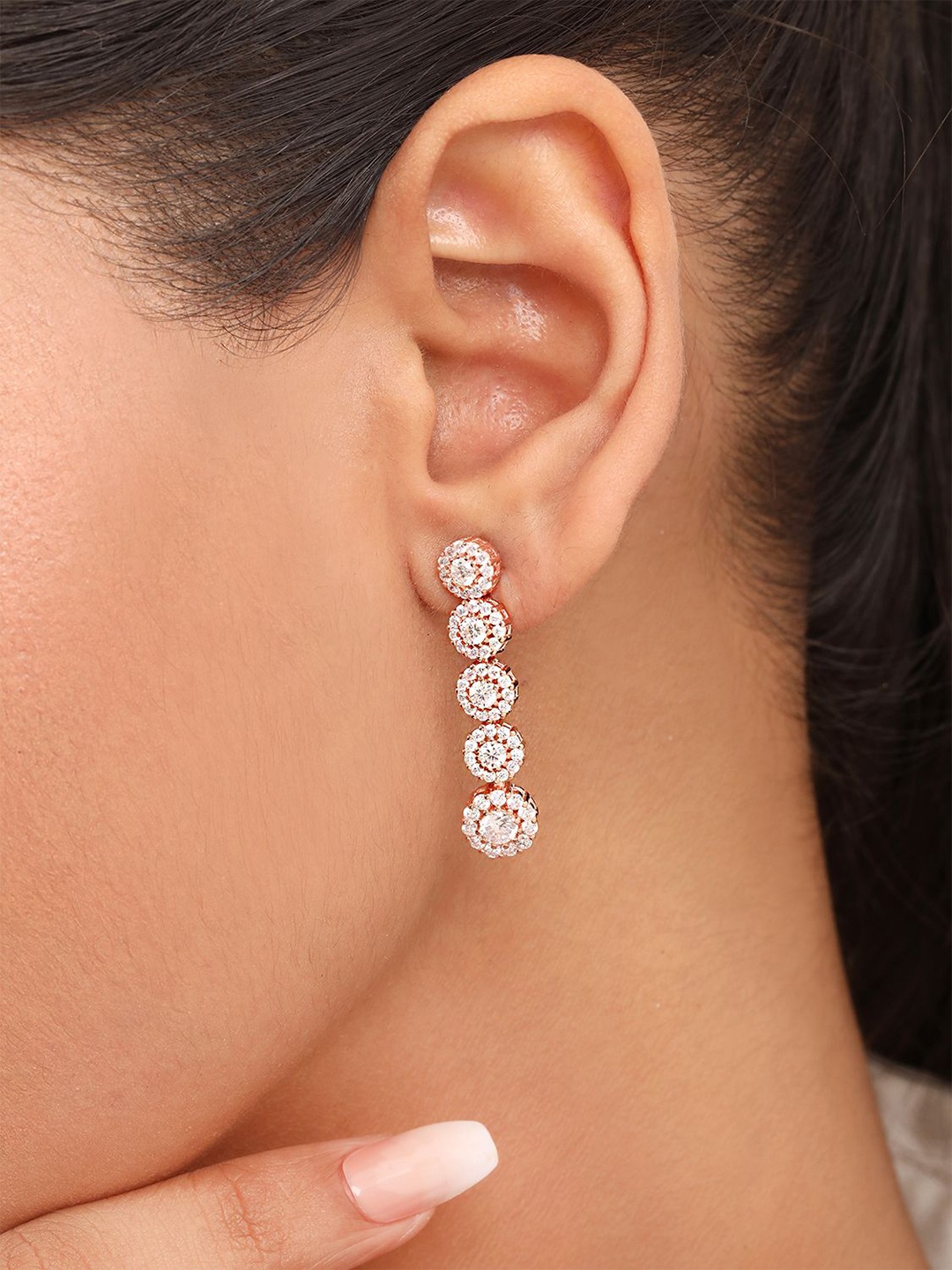 

Zavya 925 Sterling Silver Rose Gold-Plated Cubic Zirconia Studded Circular Drop Earrings