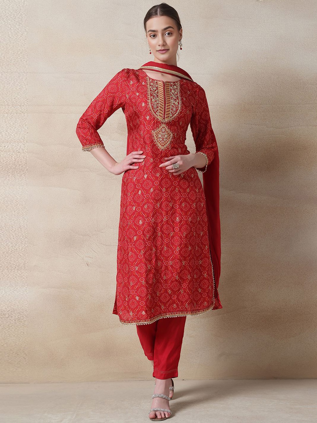 

Rang by Indya Bandhani Printed Zari Straight Kurta With Trousers & Dupatta, Red
