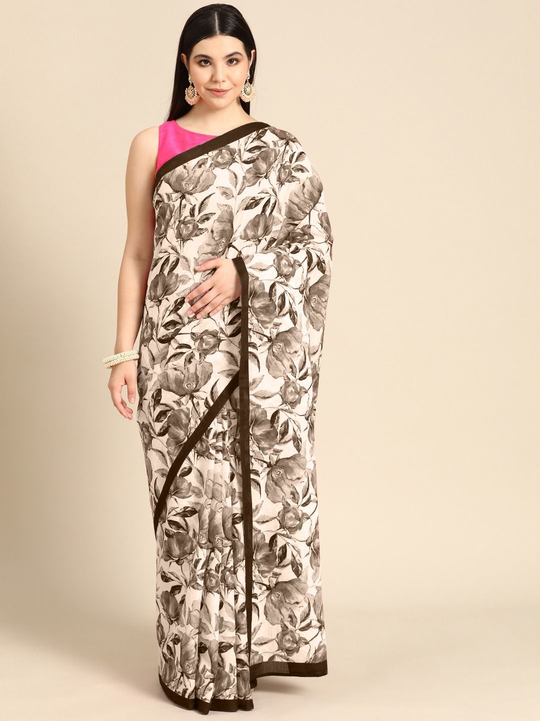 

BUTA BUTI Floral Printed Pure Cotton Saree, Coffee brown