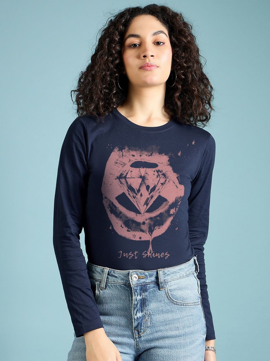 

DressBerry Women Graphic Printed Round Neck Cotton T-shirt, Navy blue