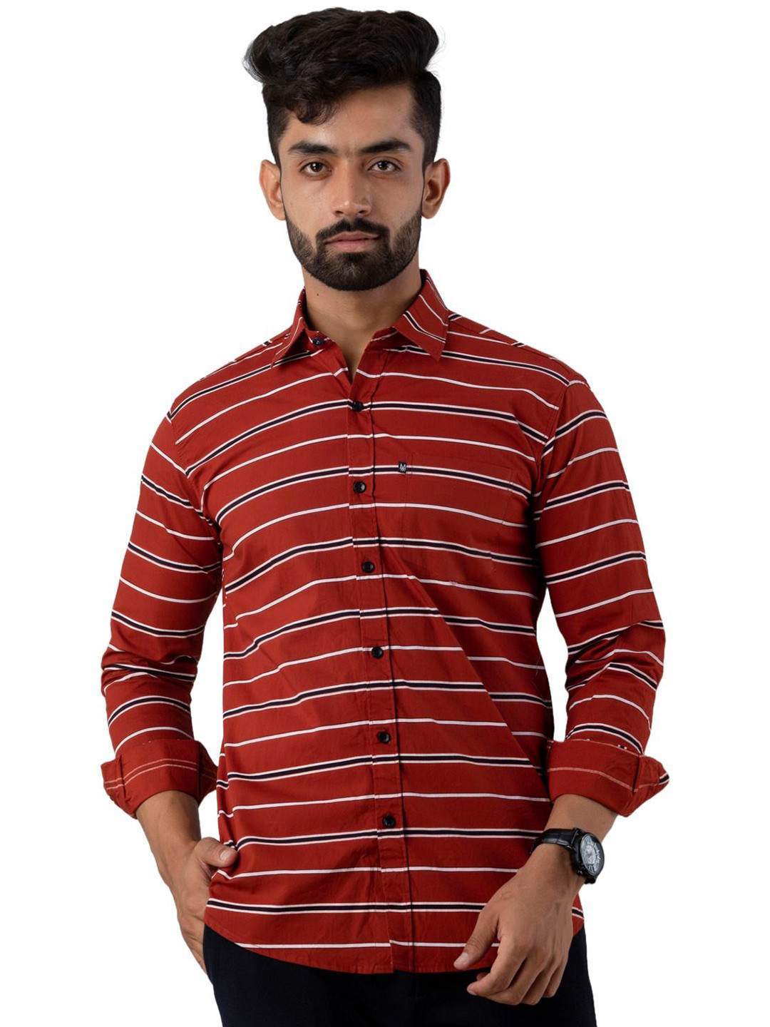 

Vcom Men Classic Spread Collar Horizontal Striped Cotton Slim Fit Casual Shirt, Maroon