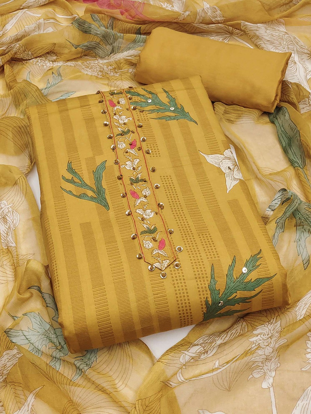 

Peachmode Floral Printed Pure Cotton Unstitched Dress Material, Mustard