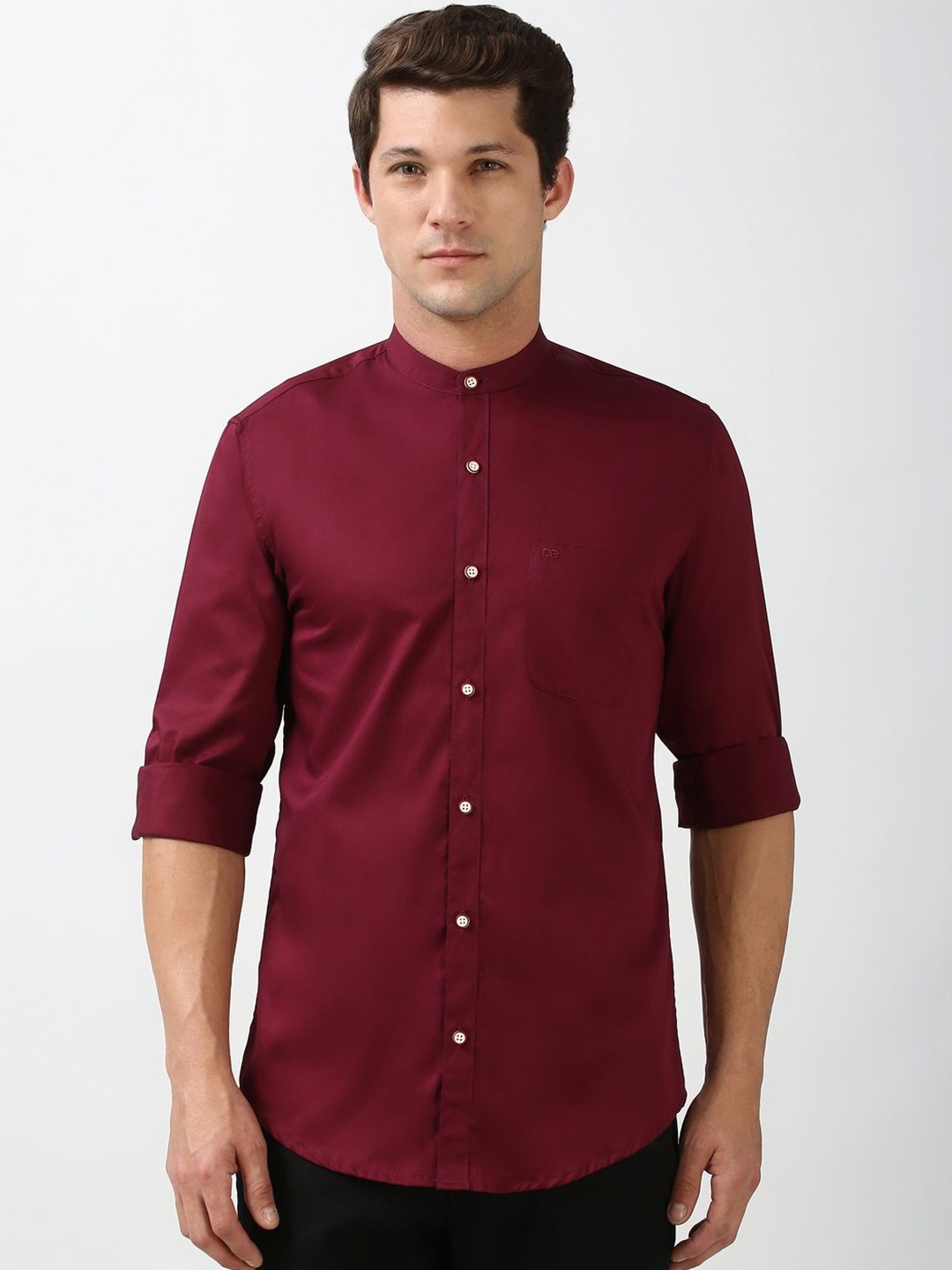 

Peter England Casuals Men Band Collar Solid Cotton Slim Fit Casual Shirt, Maroon