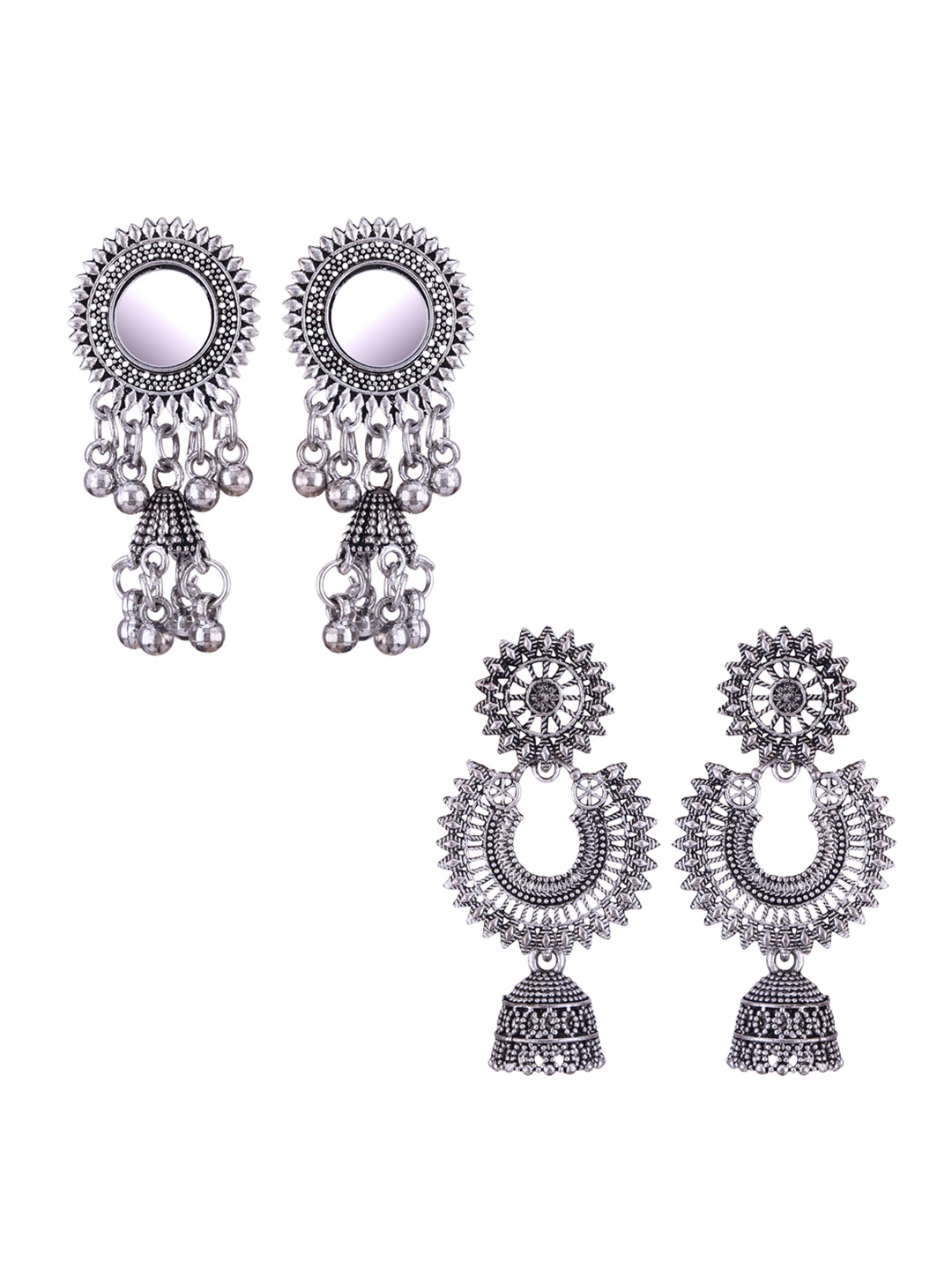 

DIVASTRI Set Of 2 Silver-Plated Stones Studded and Beaded Floral Oxidised Jhumkas