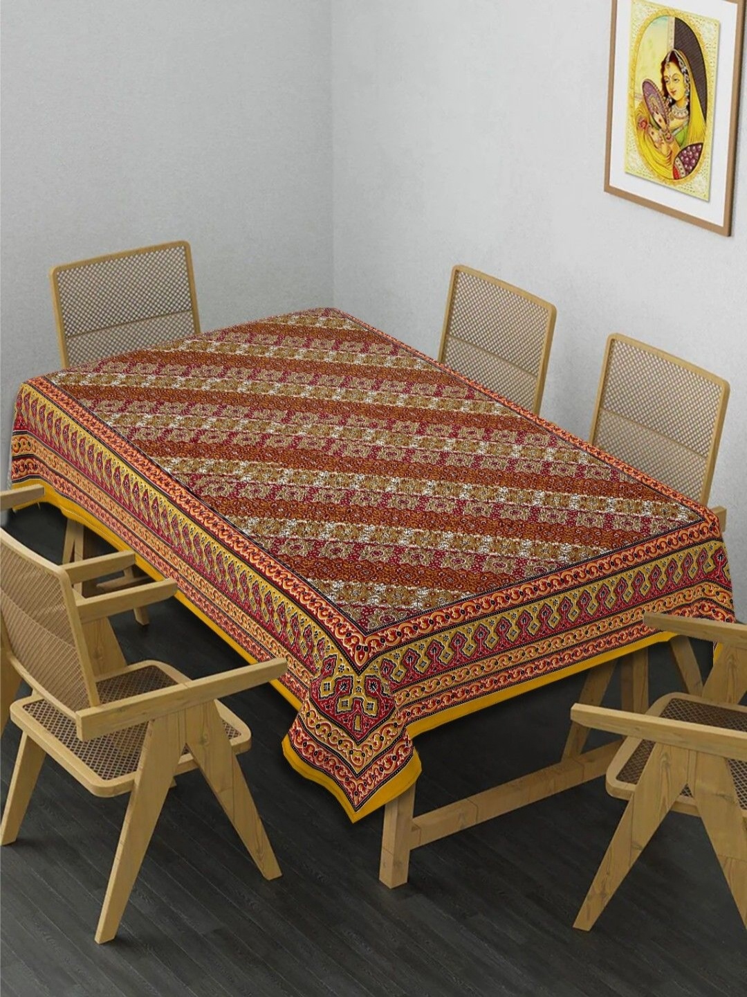 

INDHOME LIFE Yellow & Red Ethnic Motifs Printed Cotton 6-Seater Table Cover