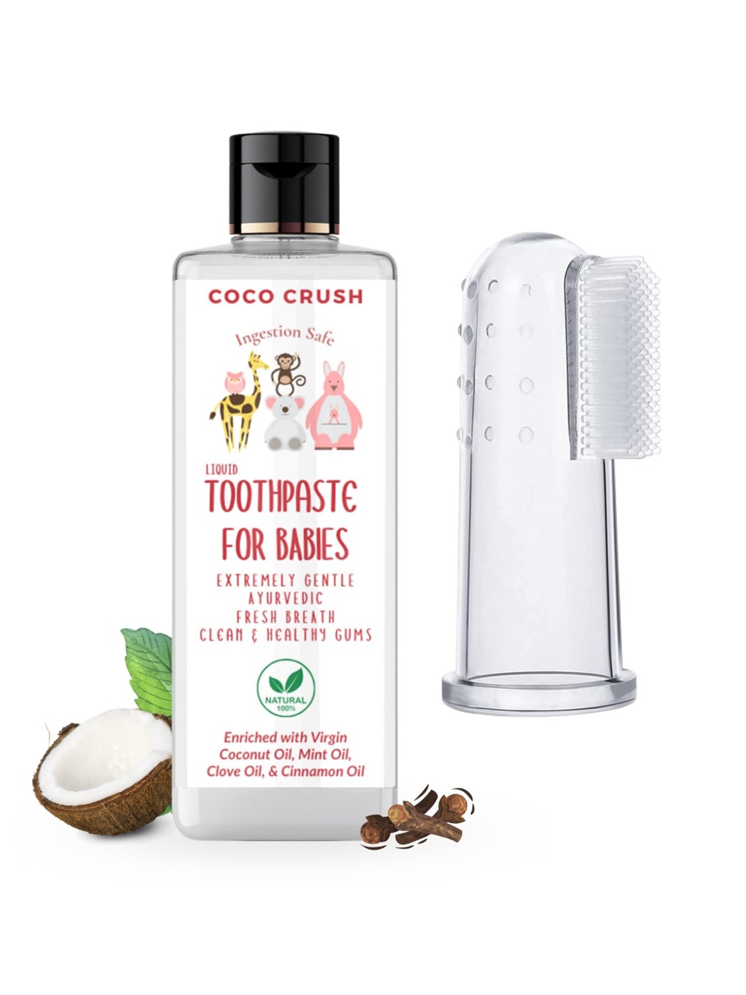 

Coco Crush Ayurvedic Liquid Toothpaste & Finger Toothbrush Combo-100ml, Transparent