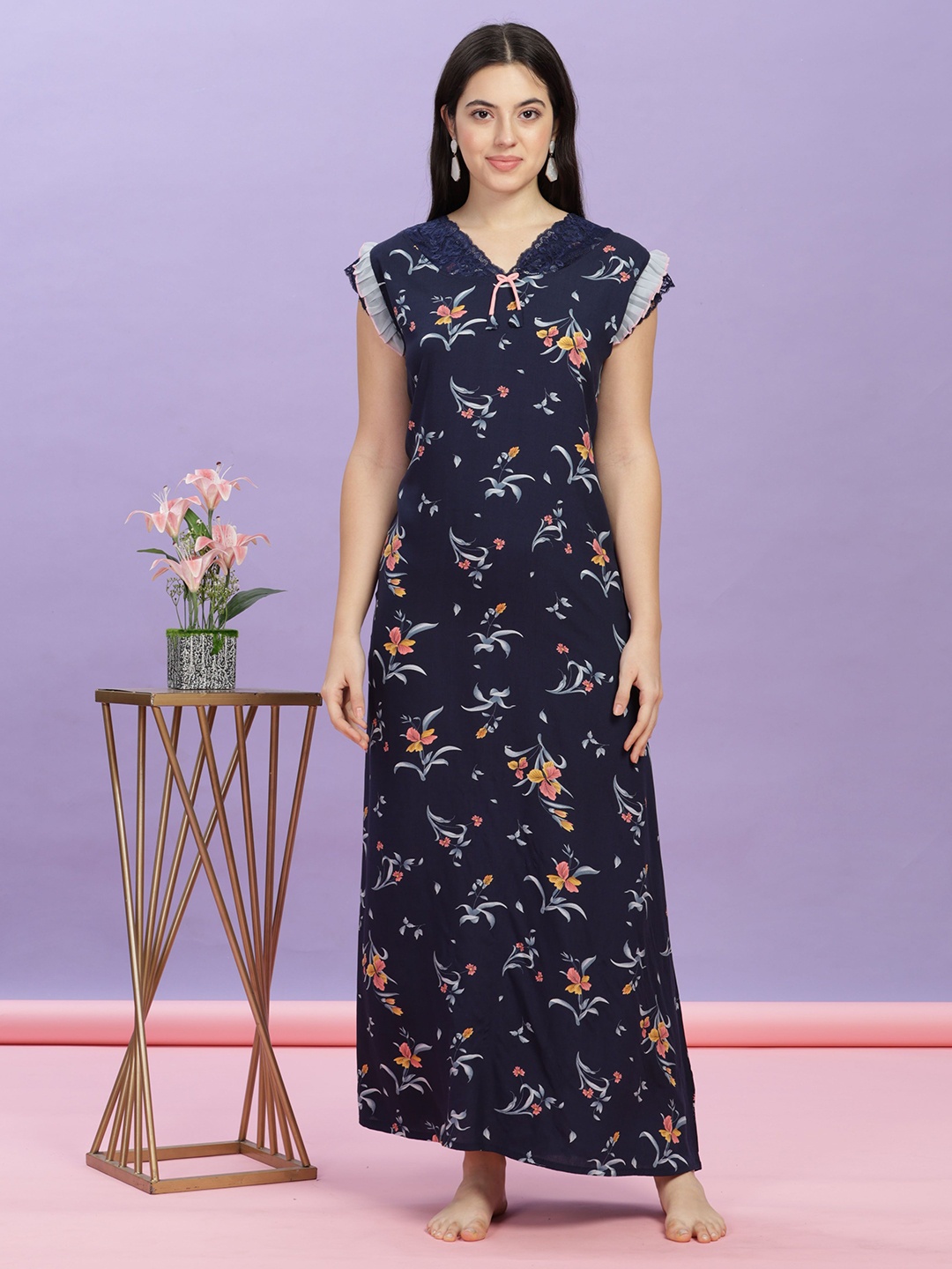 

9shines Label Women Printed Maxi Nightdress, Navy blue