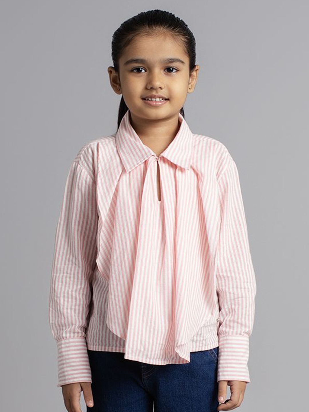 

Ed-a-Mamma Girls Vertical Striped Shirt Collar Cotton Top, Peach