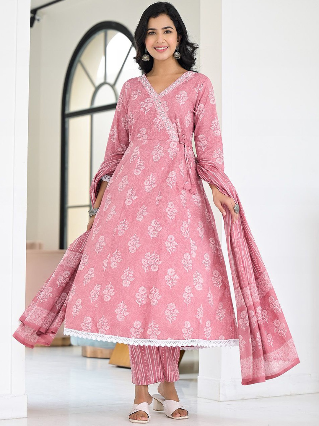 

Benaaz Ethnic Motifs Printed Pure Cotton Anarkali Kurta with Trousers & Dupatta, Pink