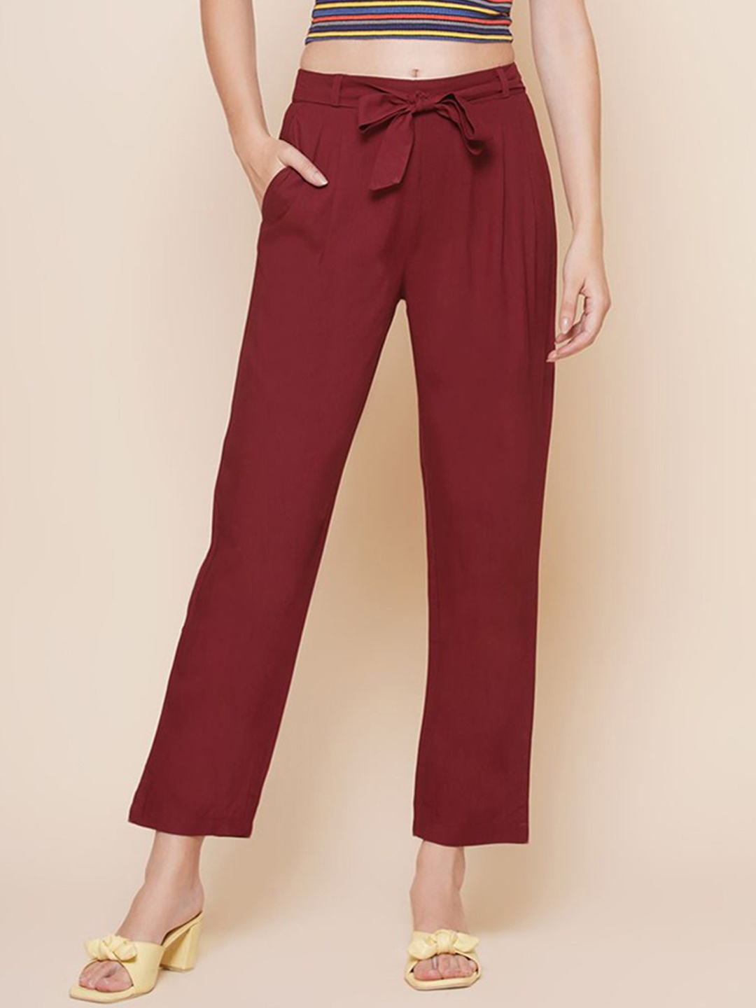 

KATLINE Women Relaxed High-Rise Trousers With Bow Belt, Maroon