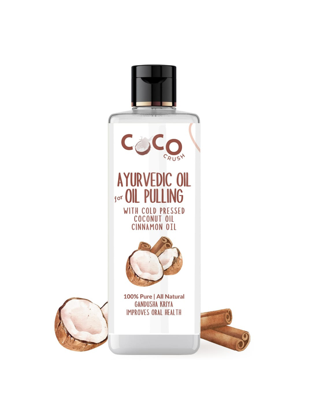 

Coco Crush Ayurvedic Coconut Oil For Oil Pulling Infused with Cinnamon Oil-100ml, Transparent