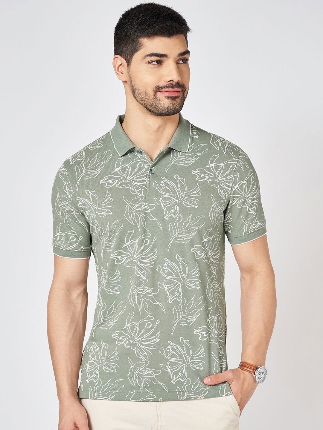 

BYFORD by Pantaloons Men Floral Printed Polo Collar Cotton Slim Fit T-shirt, Green