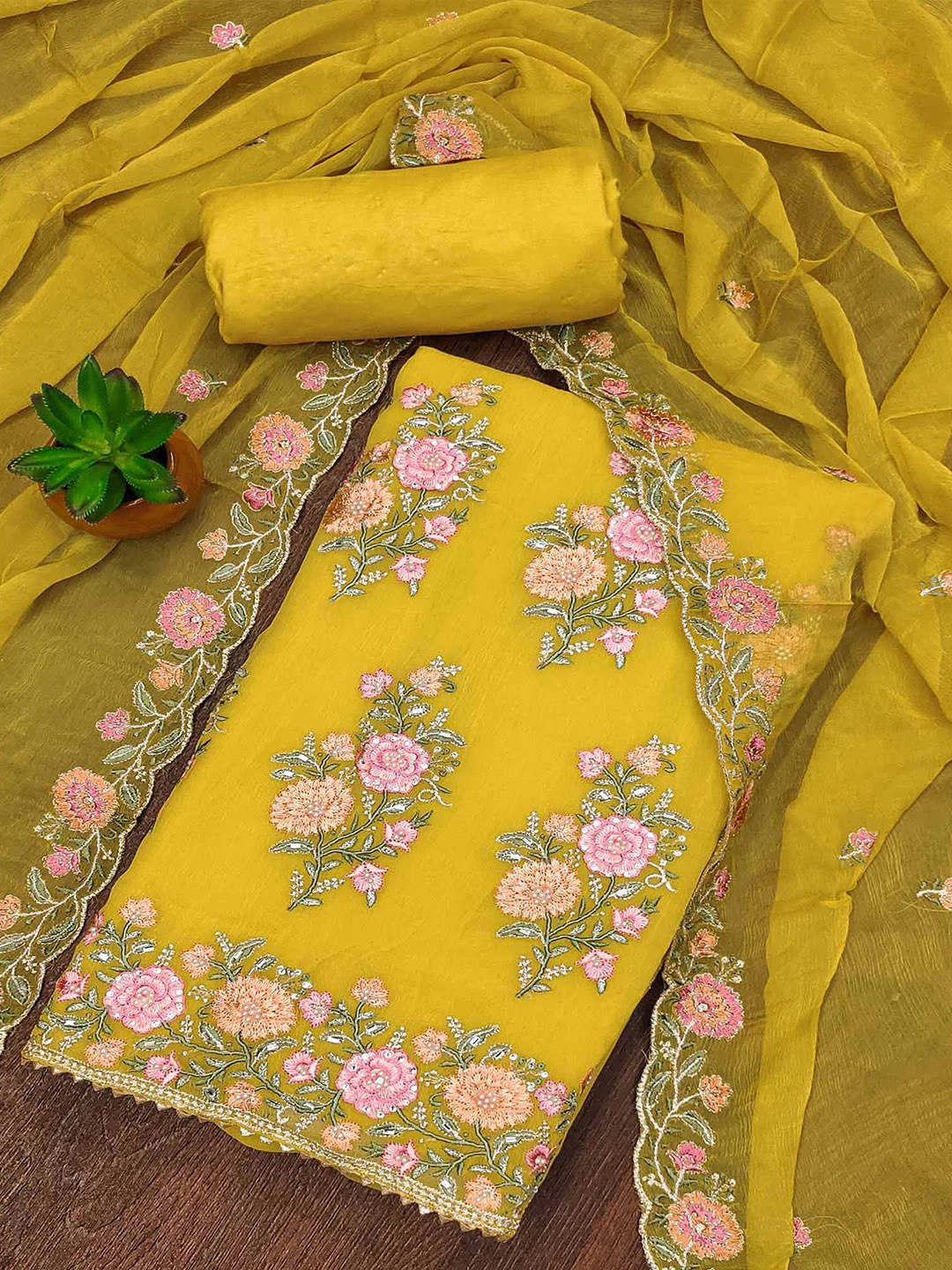 

Peachmode Embroidered Thread Work Unstitched Dress Material, Yellow
