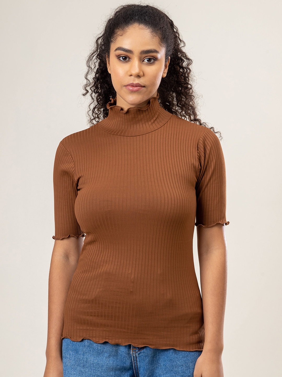 

Redamancii Women Solid High Neck Polycotton Top, Coffee brown