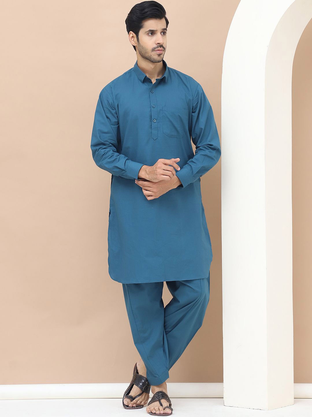 

TAG 7 Shirt Collar Cuffed Sleeves Pure Cotton Pathani Kurta With Salwar, Blue