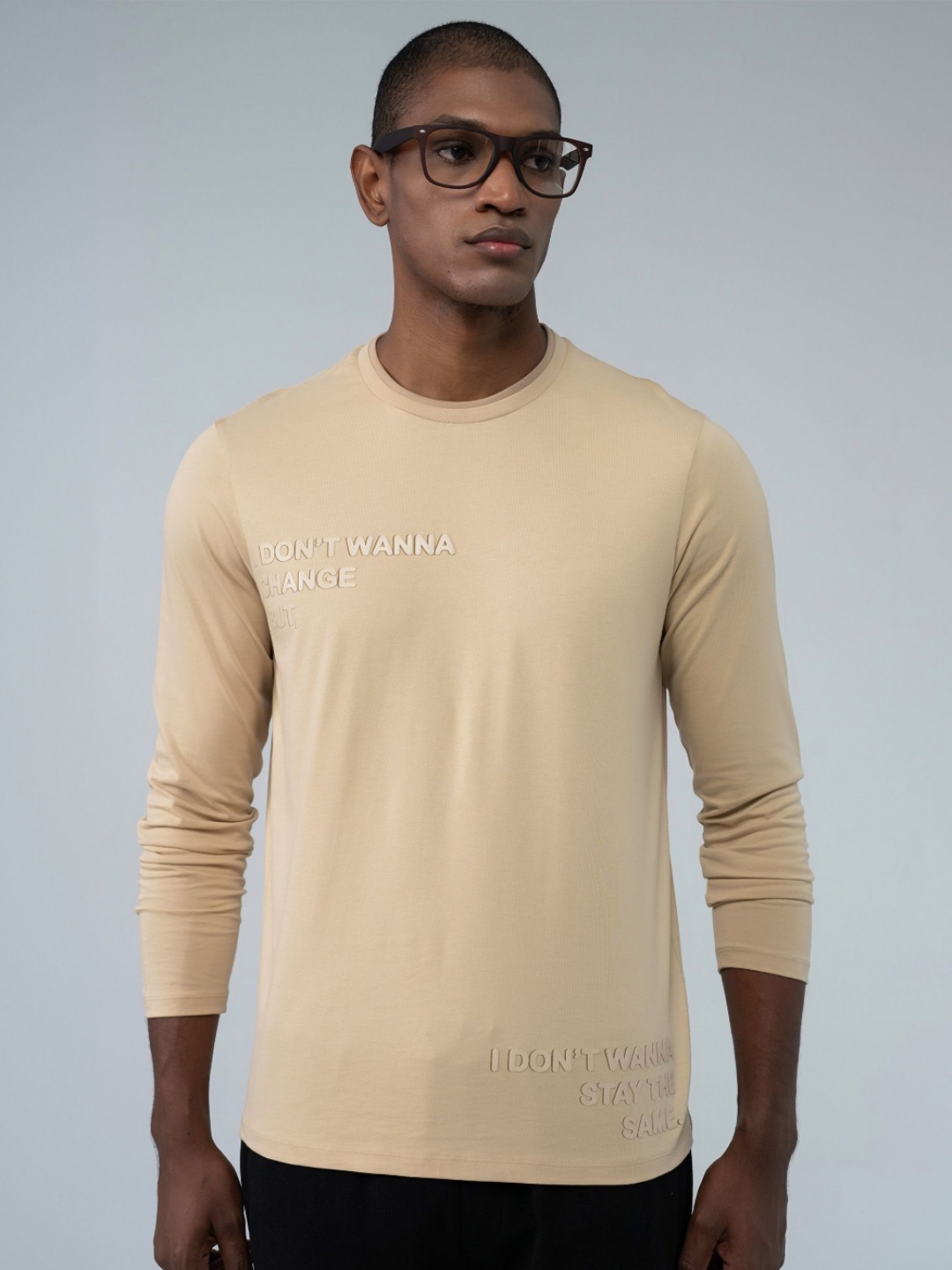 

EDRIO Men Typography Printed Round Neck Cotton Relaxed Fit T-shirt, Beige