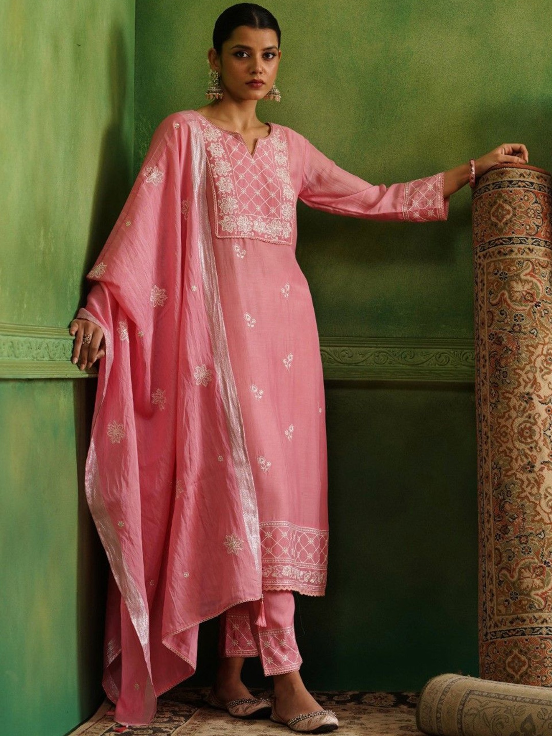 

AUTUMN LANE Ethnic Motifs Embroidered A-Line Kurta With Trousers & Dupatta, Pink