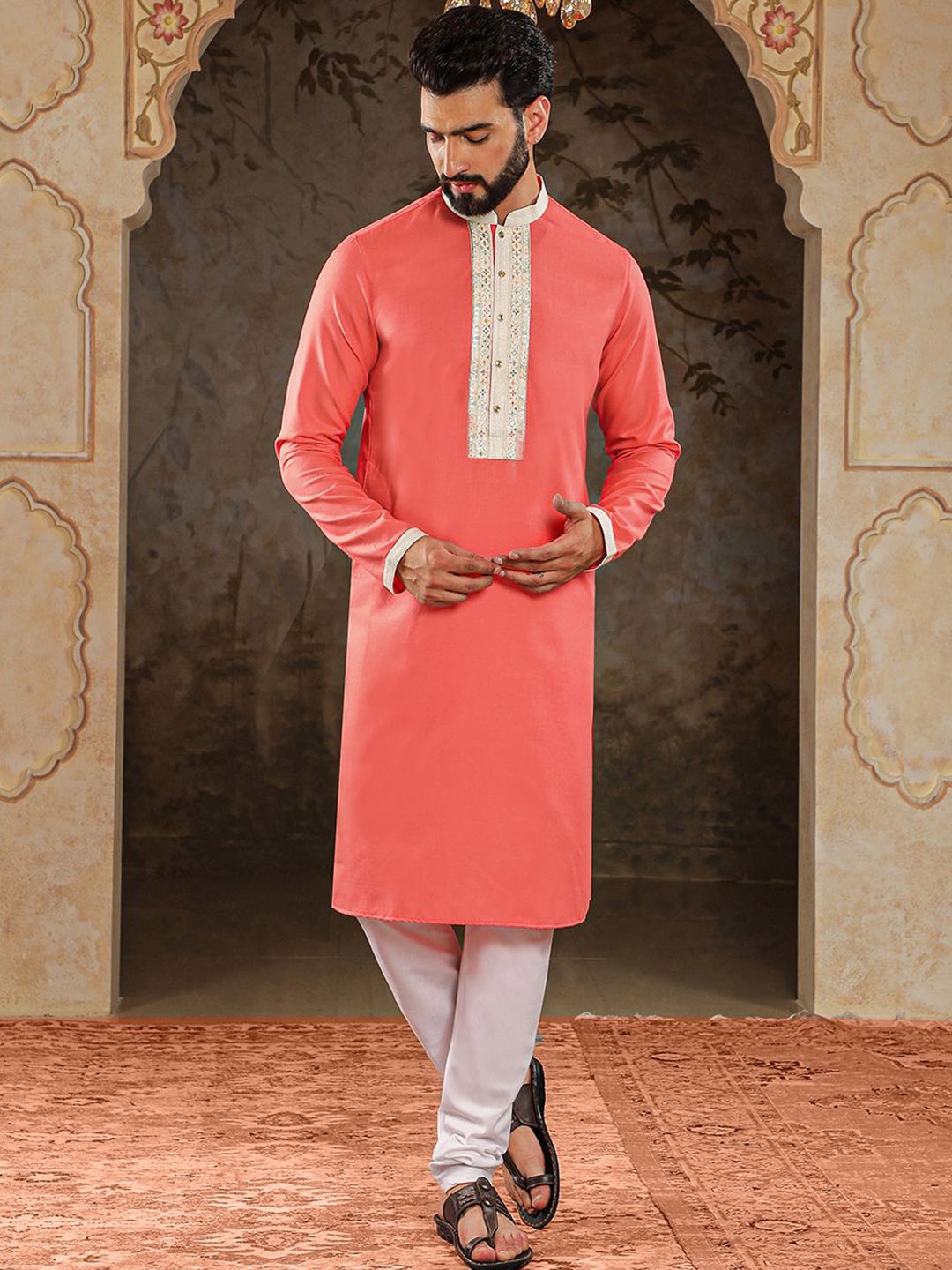 

HOUSE OF DEYANN Ethnic Motifs Embroidered Straight Kurta with Churidar, Red