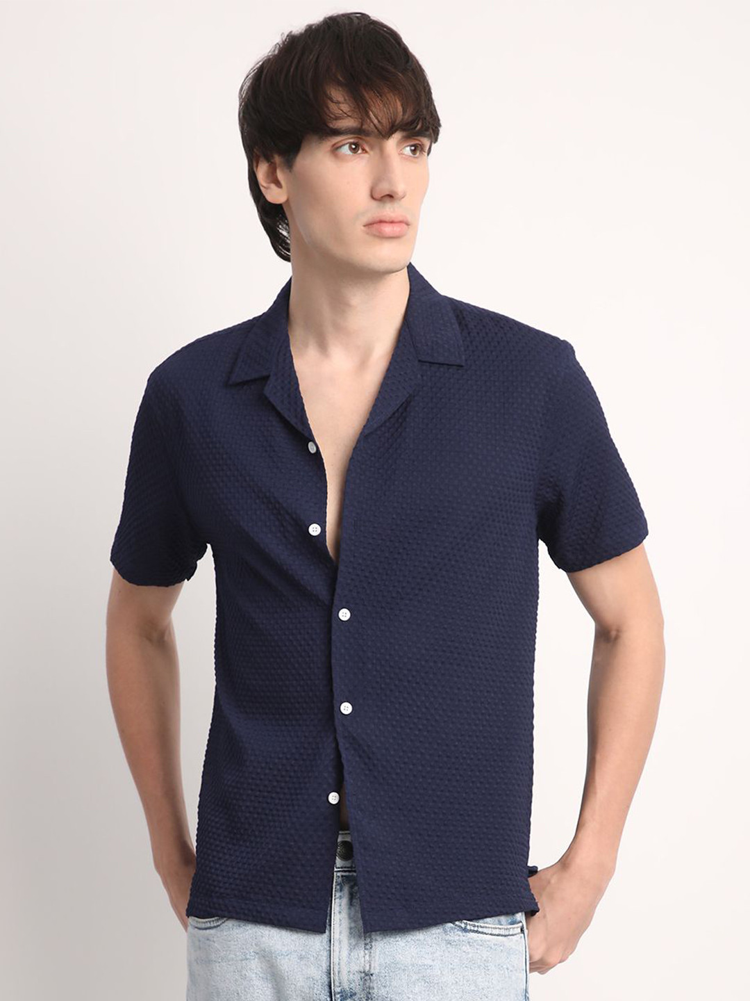 

Voroxy Men Relaxed Cuban Collar Textured Polycotton Casual Shirt, Navy blue