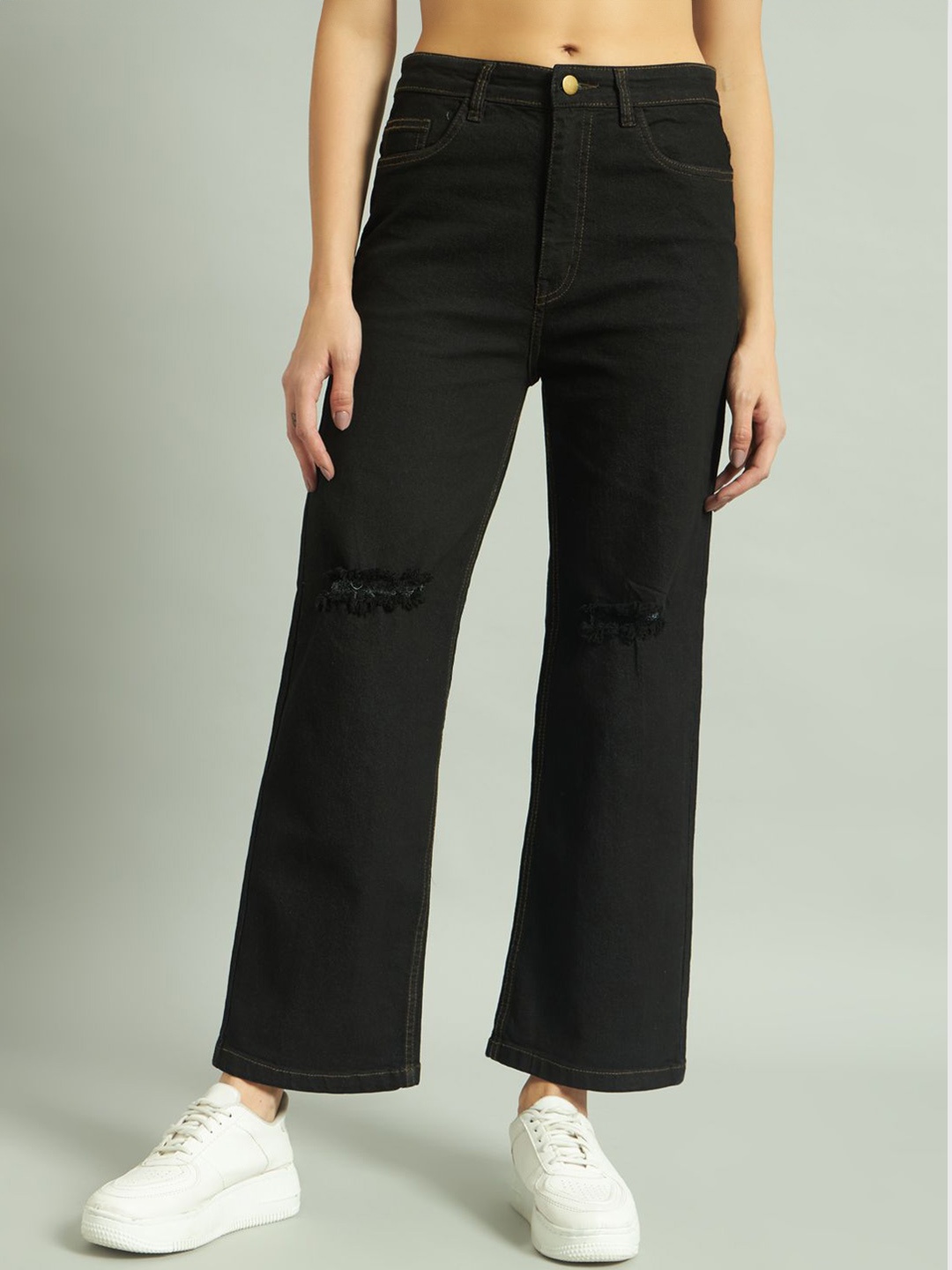 

GUTI Women Flared High-Rise Slash Knee Stretchable Jeans, Black