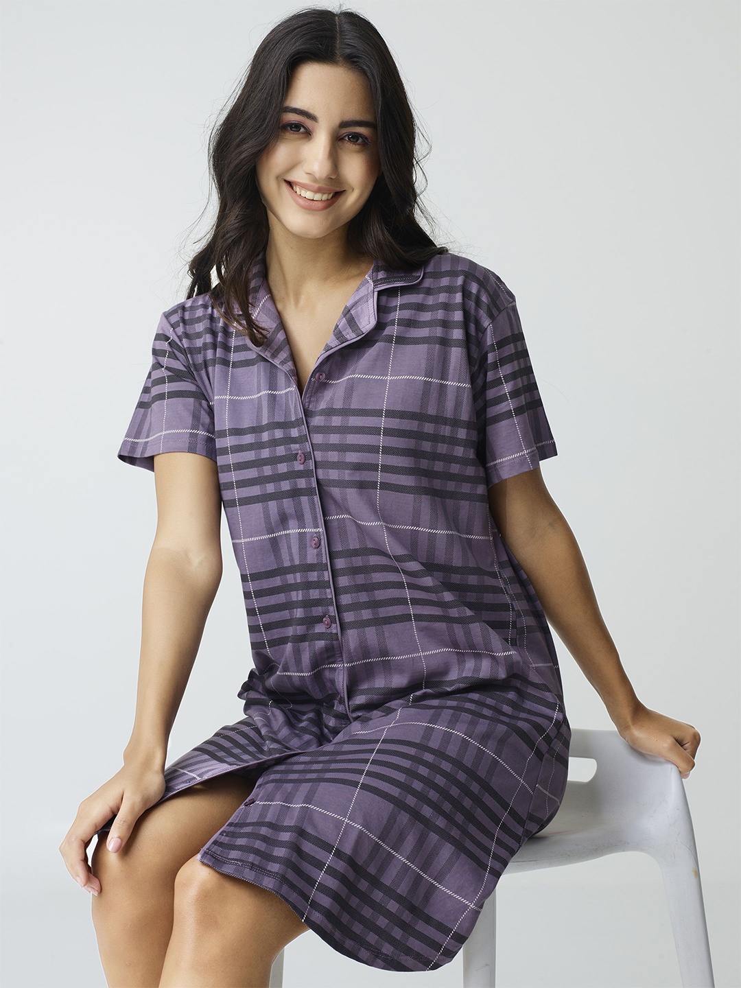 

I like me Women Checked Pure Cotton Knee Length Nightdress, Purple