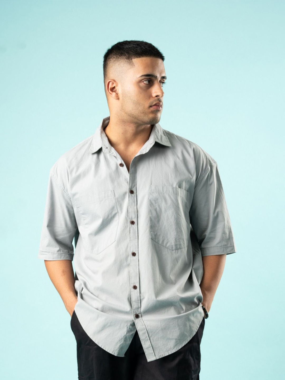 

Kranium Men Relaxed Spread Collar Solid Cotton Oversized Casual Shirt, Grey