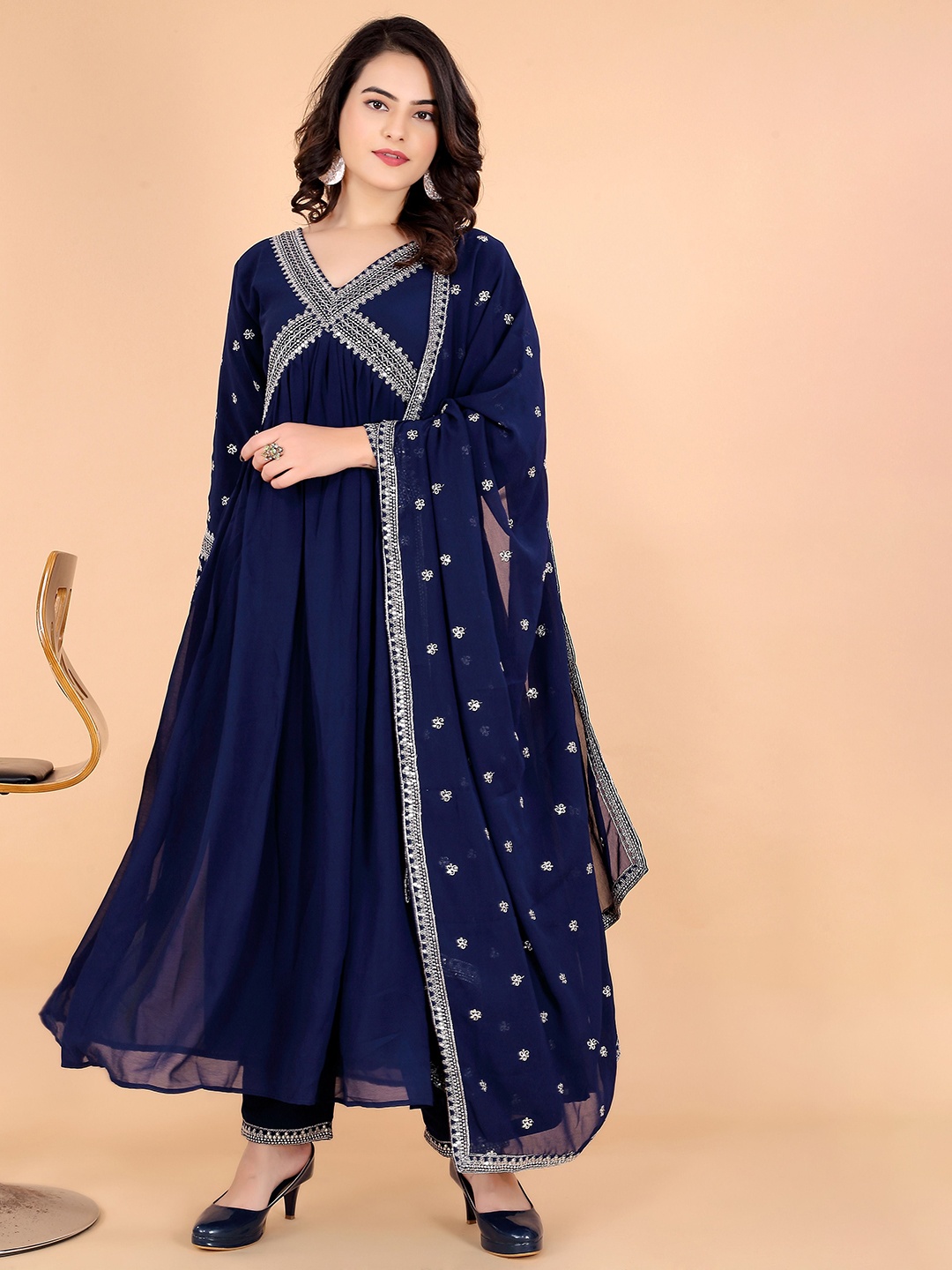 

ROZLAND Ethnic Motifs Yoke Design Sequinned Georgette A-Line Kurta With Trousers & Dupatta, Blue