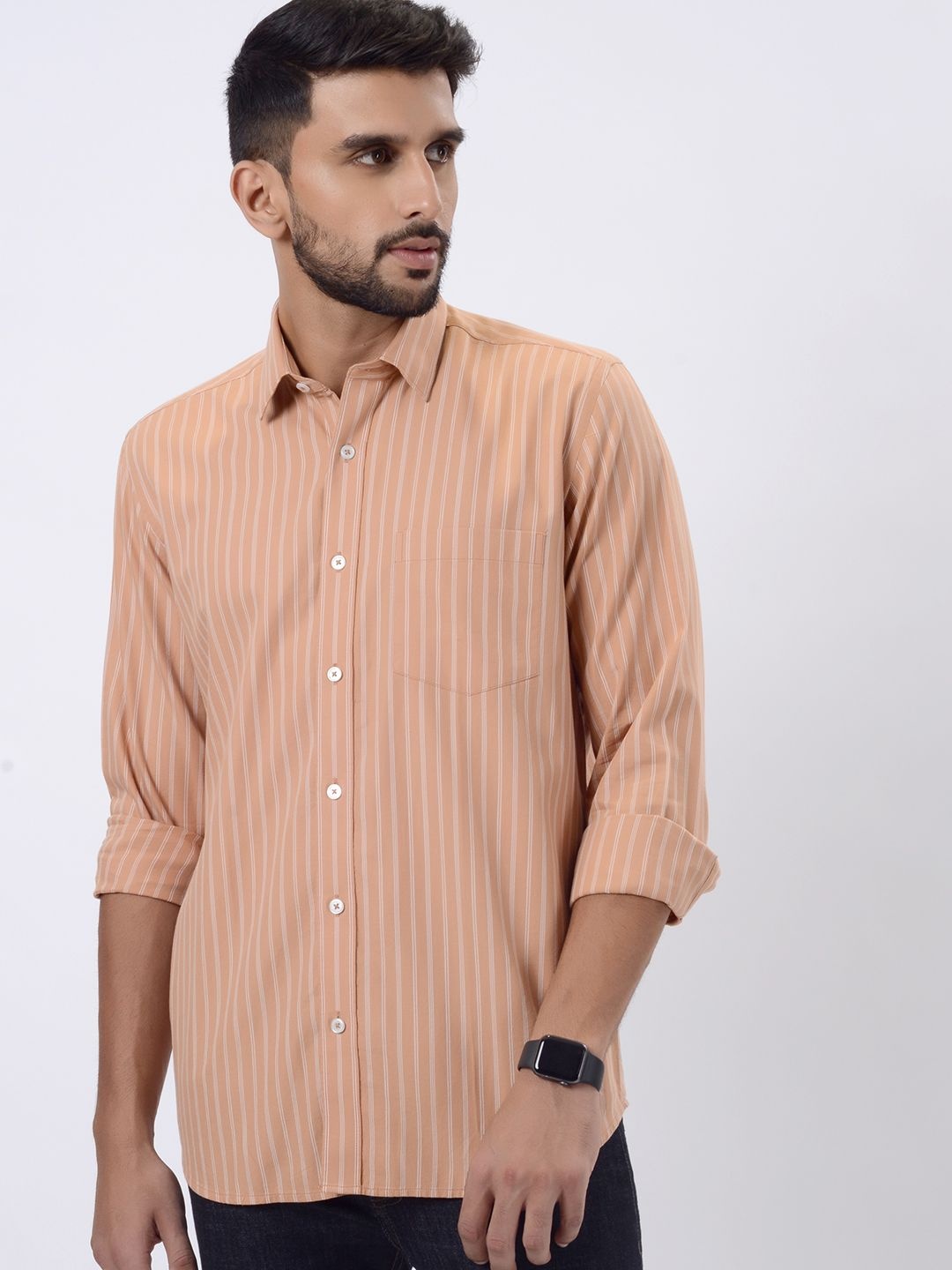 

JADE BLUE Men Spread Collar Vertical Striped Cotton Slim Fit Casual Shirt, Orange