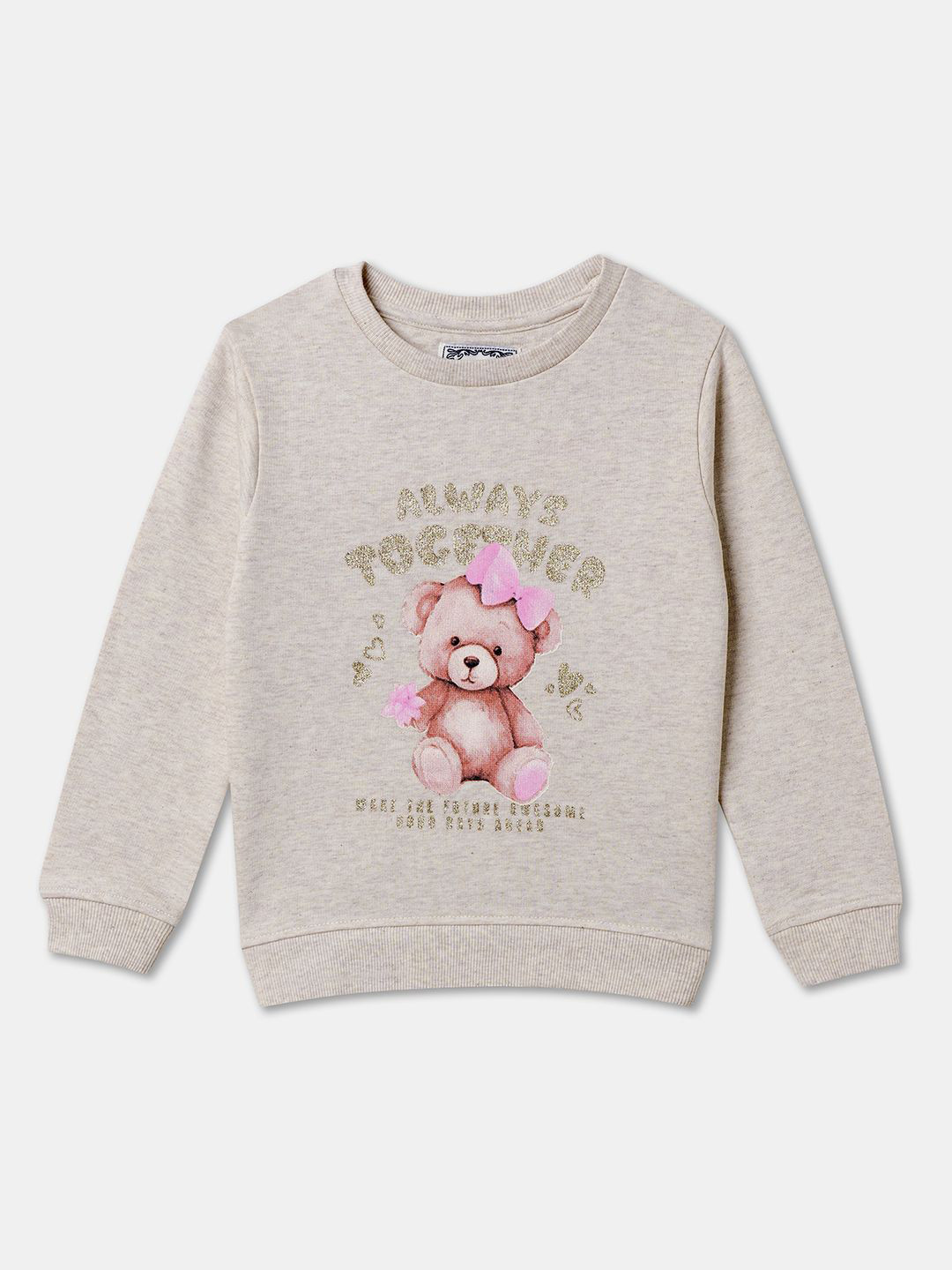 

R&B Girls Graphic Printed Round Neck Cotton Pullover Sweatshirt, Grey