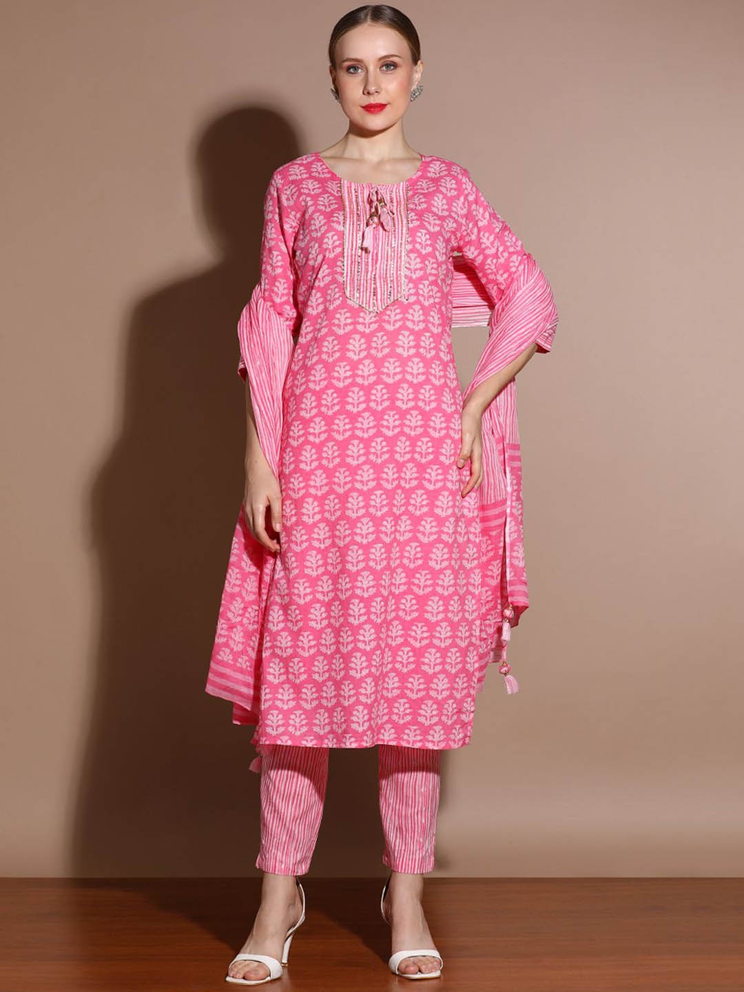 

Anouk Pink Floral Printed Sequinned Pure Cotton Kurta Straight With Trouser & Dupatta