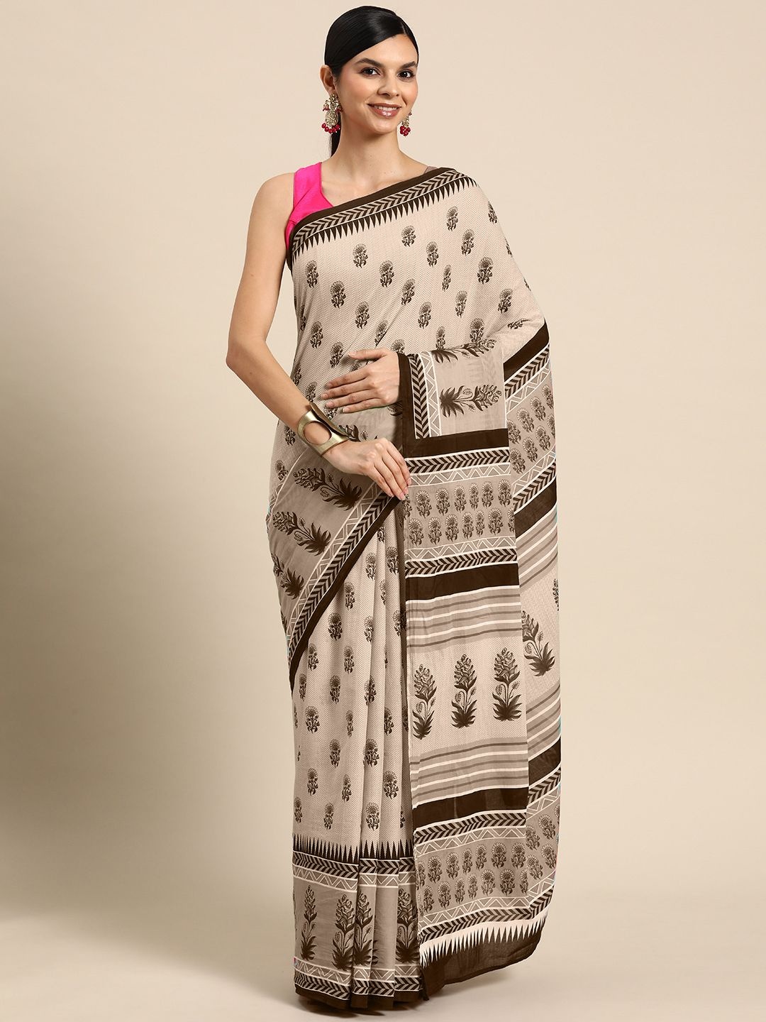 

BUTA BUTI Ethnic Motifs Printed Pure Cotton Saree, Beige