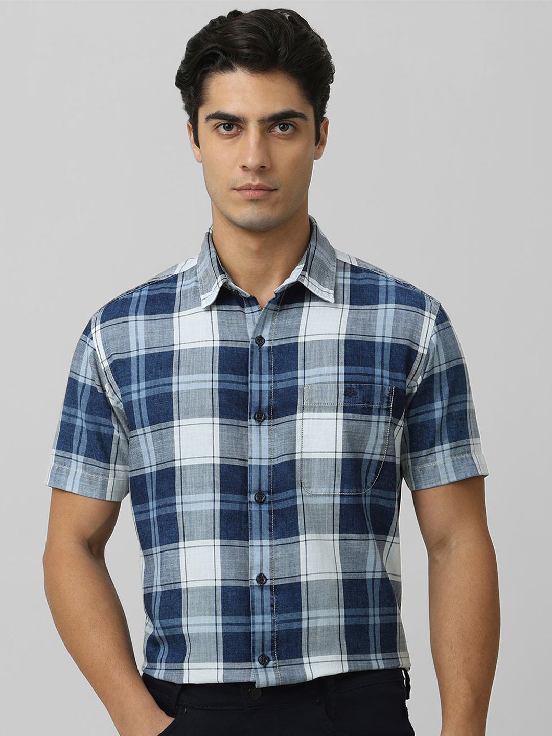 

Mufti Men Spread Collar Checked Cotton Slim Fit Casual Shirt, Blue