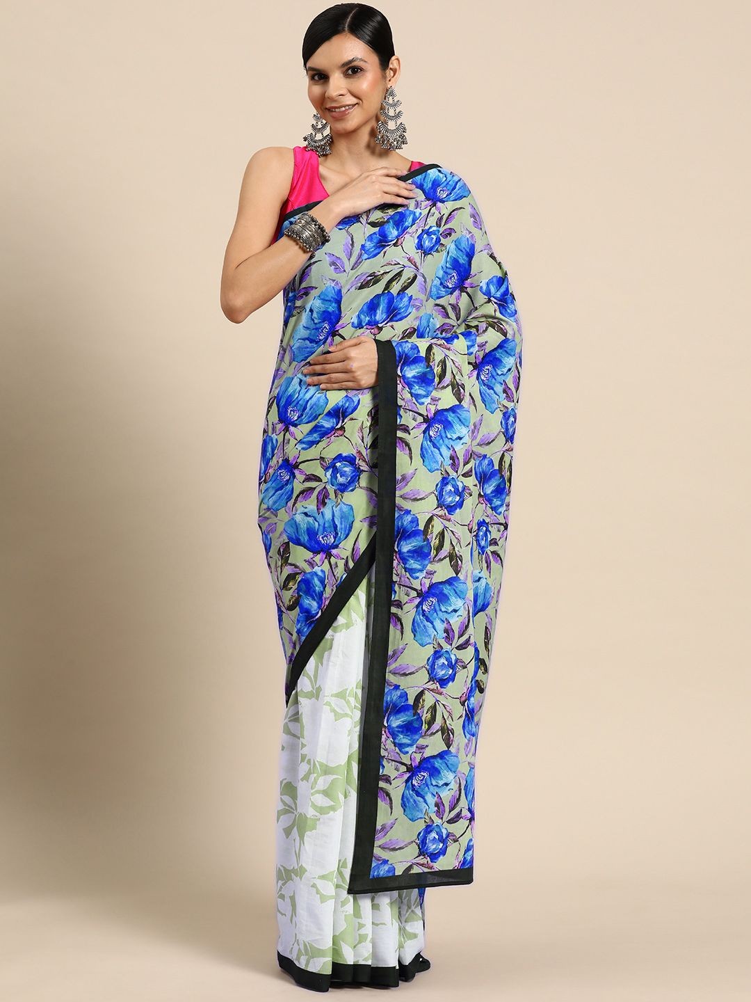 

BUTA BUTI Floral Printed Pure Cotton Saree, Blue