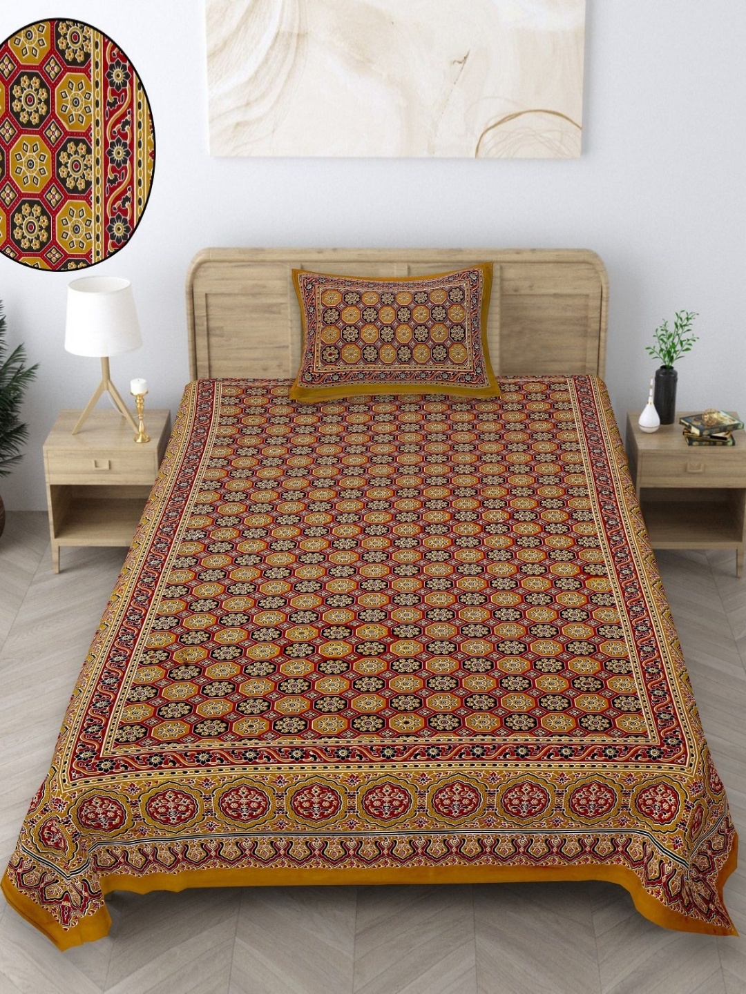 

Texstylers Gold-Toned & Maroon Floral 140 TC Cotton Single Bedsheet With 1 Pillow Covers