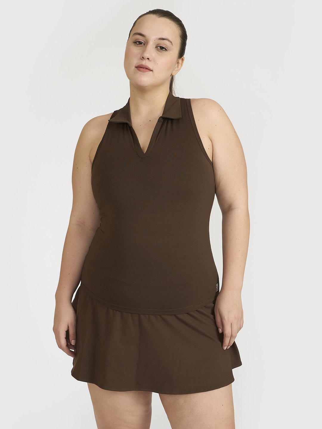 

Hunnit Women Plus Size Polo Neck Tank Top with Attached Sports Bra, Brown