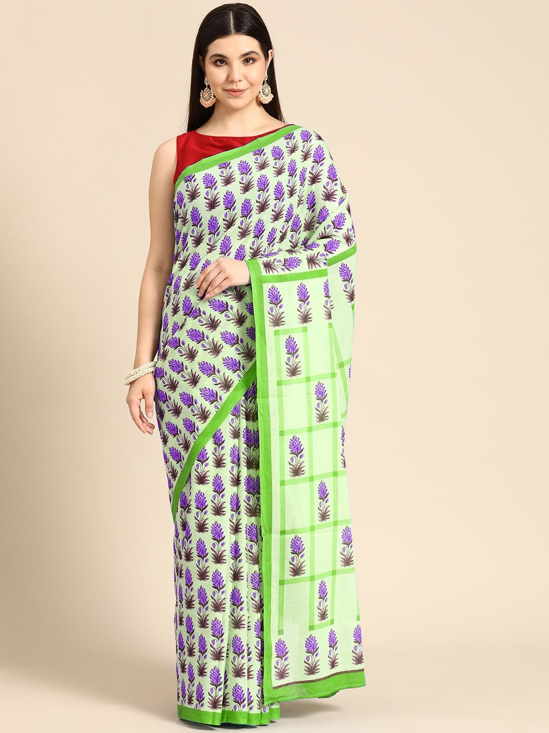 

BUTA BUTI Floral Pure Cotton Saree, Green