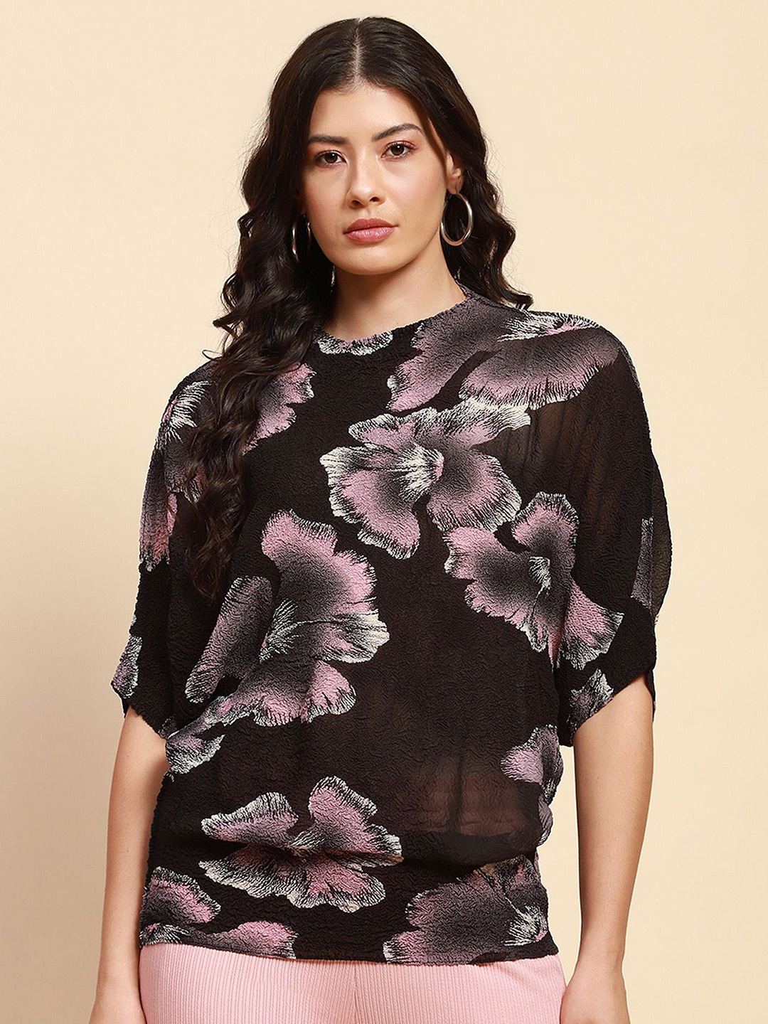 

Global Republic Women Floral Printed Round Neck Top, Black