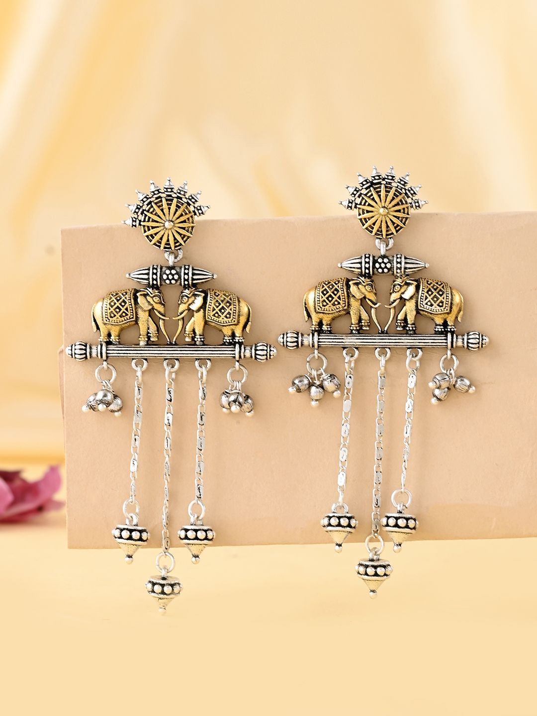 

Voylla Qasbah Haathi Mere Sathi Silver-Plated Animal Shaped Oxidised Drop Earrings