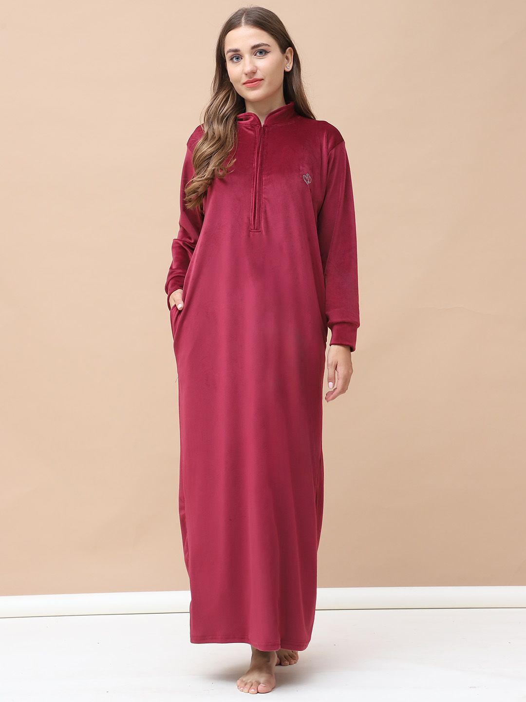 

Secret Wish Solid Velvet Winter Maternity Nightdress, Maroon