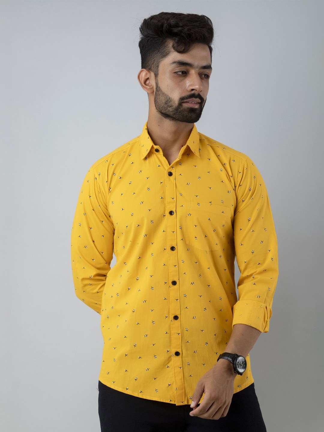 

Vcom Men Premium Spread Collar Floral Printed Cotton Slim Fit Casual Shirt, Yellow
