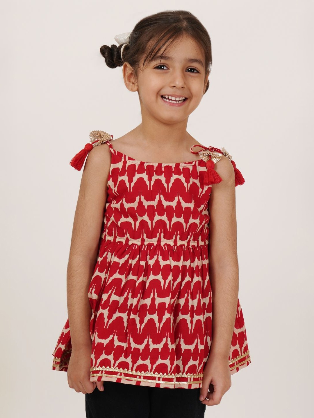 

COTLAND FASHION Girls Abstract Printed Shoulder Straps Cotton Top, Red