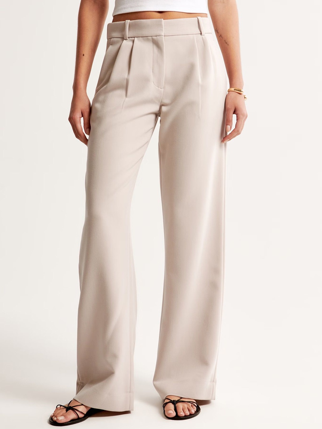 

FNOCKS Women Smart Straight Fit High-Rise Pleated Wide Leg Trousers, Cream