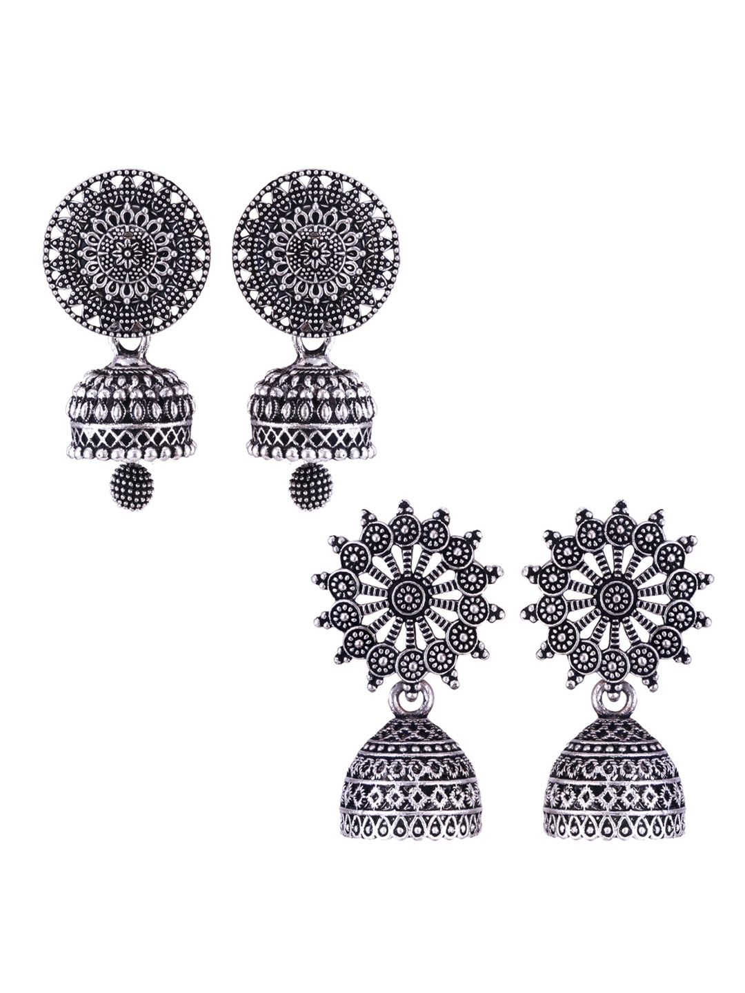 

DIVASTRI Set Of 2 Silver-Plated Stones Studded and Beaded Floral Oxidised Jhumkas