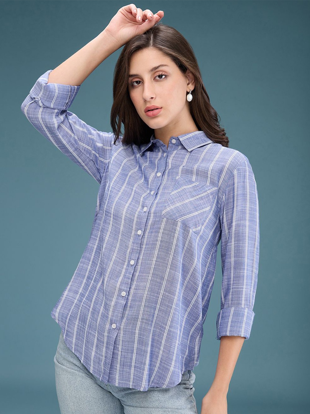 

DressBerry Women Modern Spread Collar Vertical Striped Cotton Casual Shirt, Blue
