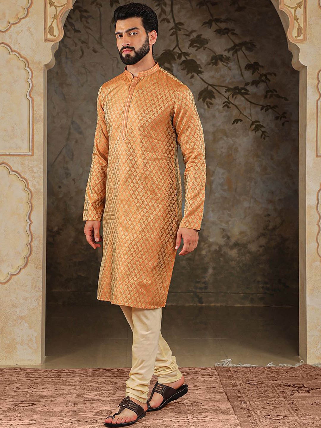 

HOUSE OF DEYANN Floral Woven Design Jacquard Straight Kurta With Churidar, Orange