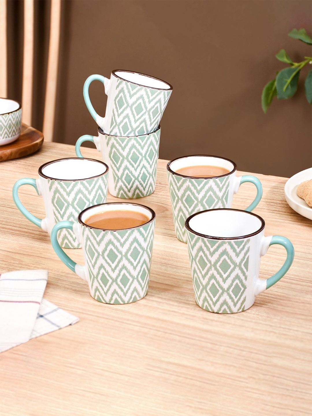 

Nestasia Green & White 6 Pcs Gometric Printed Ceramic Microwave Safe Glossy Cups Set 250ml