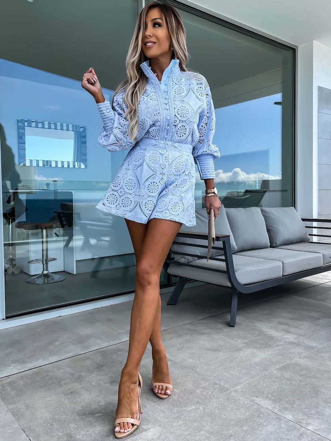 

MIAKEE Classic Self Design Shirt With Short, Blue