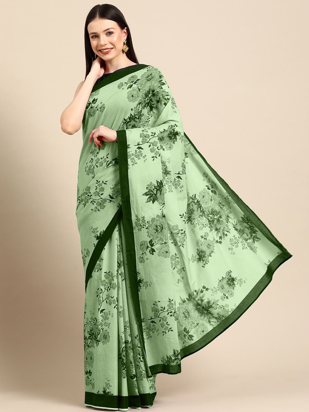 

BUTA BUTI Floral Printed Pure Cotton Saree, Green