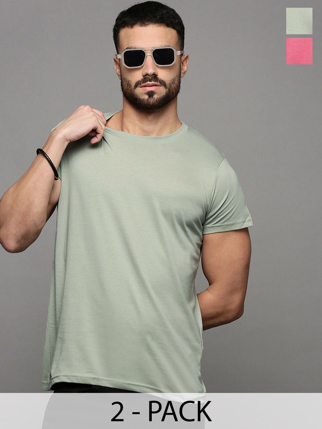 

ETC Pack Of 2 Men Solid Cotton Tshirts, Green