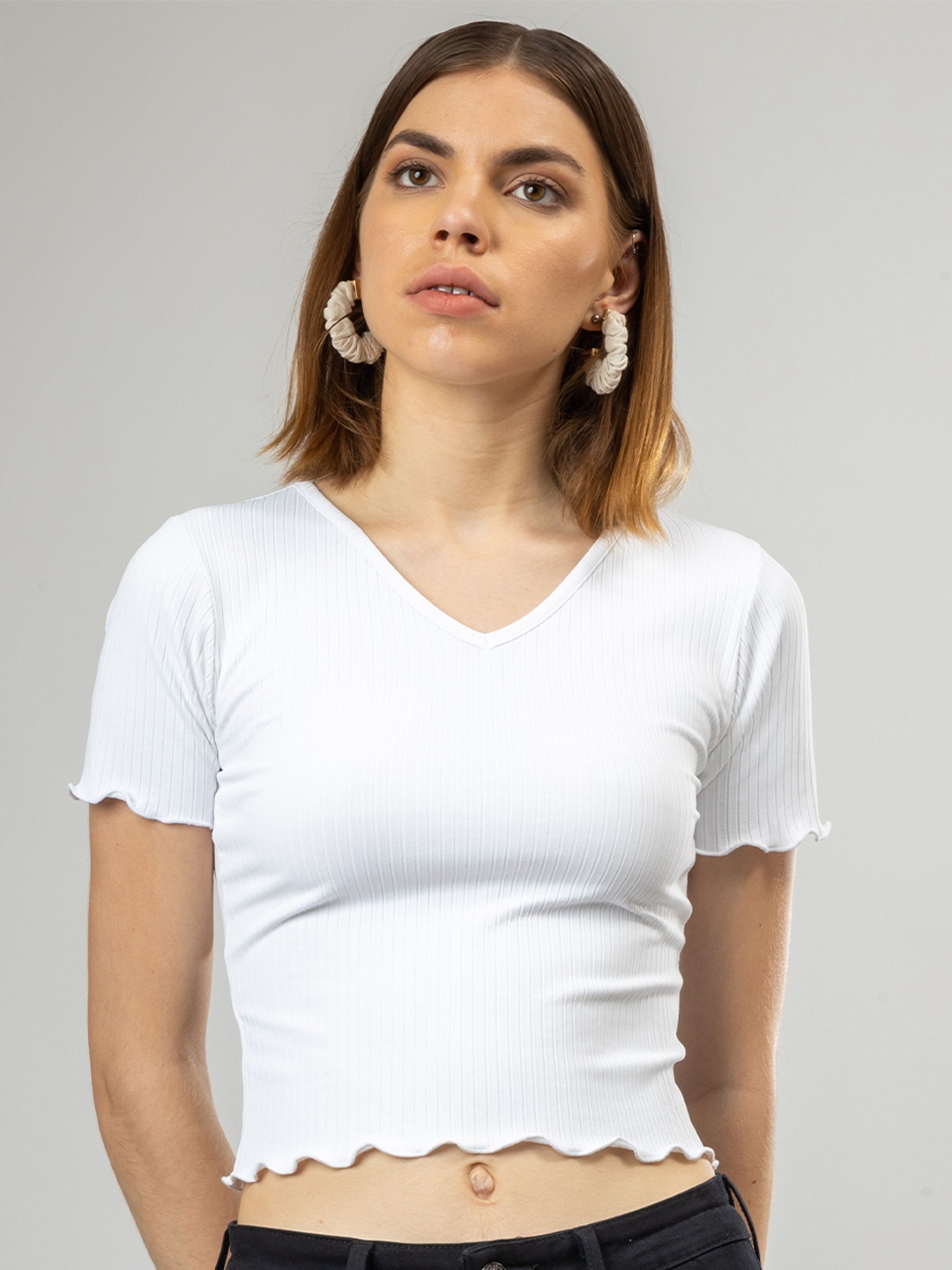 

Redamancii Women Solid V-Neck Polycotton Top, White